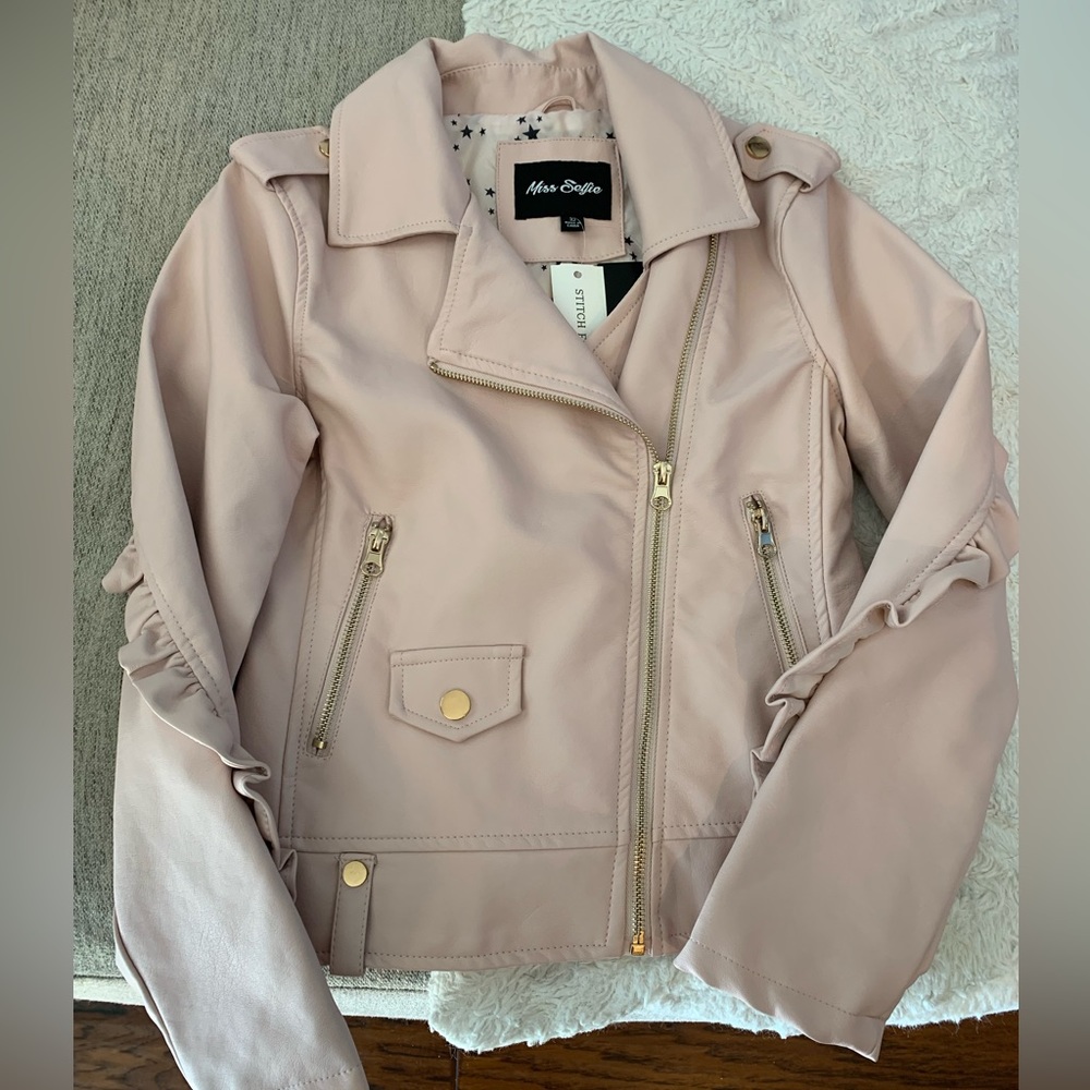 Girls size 10 blush color faux leather moto jacket with ruffle trim NWT